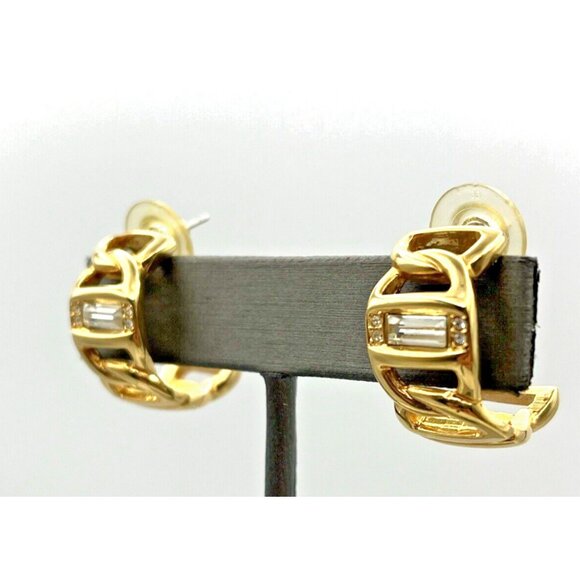 Vintage SWAROVSKI Swan Baguette Crystal Half Hoop Gold Tone Pierced Earrings - Picture 6 of 8